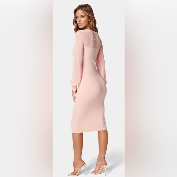 NWT BEBE SZ XS BLUSH with/Pearls Mesh Midi Sweater Dress #107862 - Picture 7 of 7